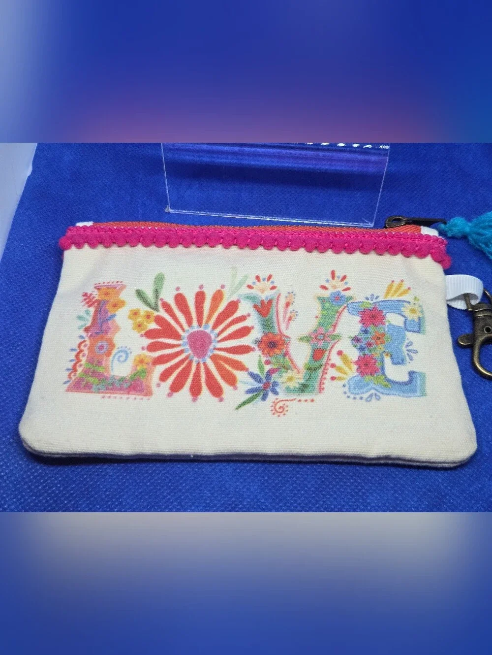 Natural Life LOVE Zip Coin Purse ID Holder Keychain Pouch Boho Tassel Pom Pom